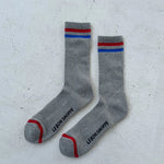 Grey socks with red and blue stripes on white background