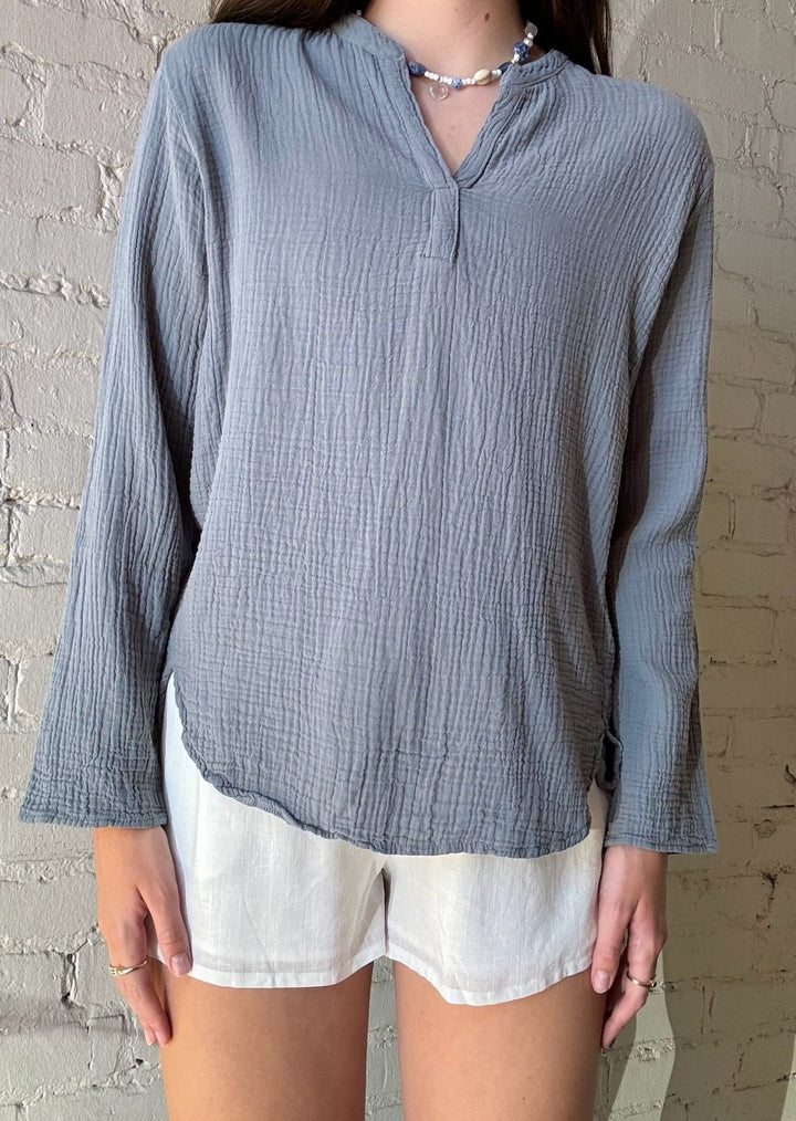 L/s Gauze Mandarin Top - Blue Grey