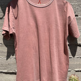 Pink t-shirt on a wooden hanger against a textured wall with a cactus plant.