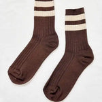 brown socks with cream stripes on white background