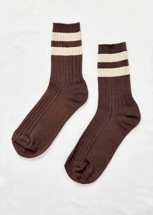 brown socks with cream stripes on white background