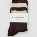 brown socks with cream stripes in white Le Bon Shoppe packaging