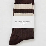 brown socks with cream stripes in white Le Bon Shoppe packaging