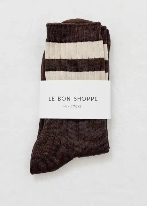 brown socks with cream stripes in white Le Bon Shoppe packaging