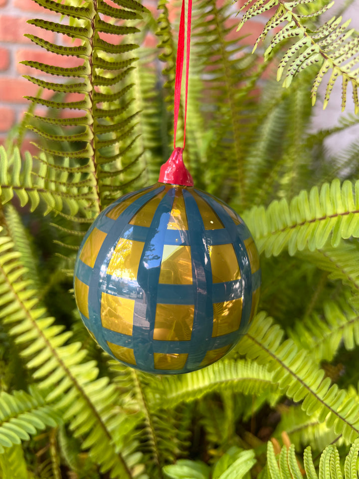 Large Gingham Bauble Ornament - Green / Gold