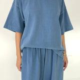 Person wearing a blue outfit on a white background