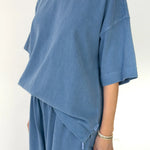 Person wearing a blue outfit on a white background