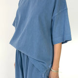 Person wearing a blue outfit on a white background
