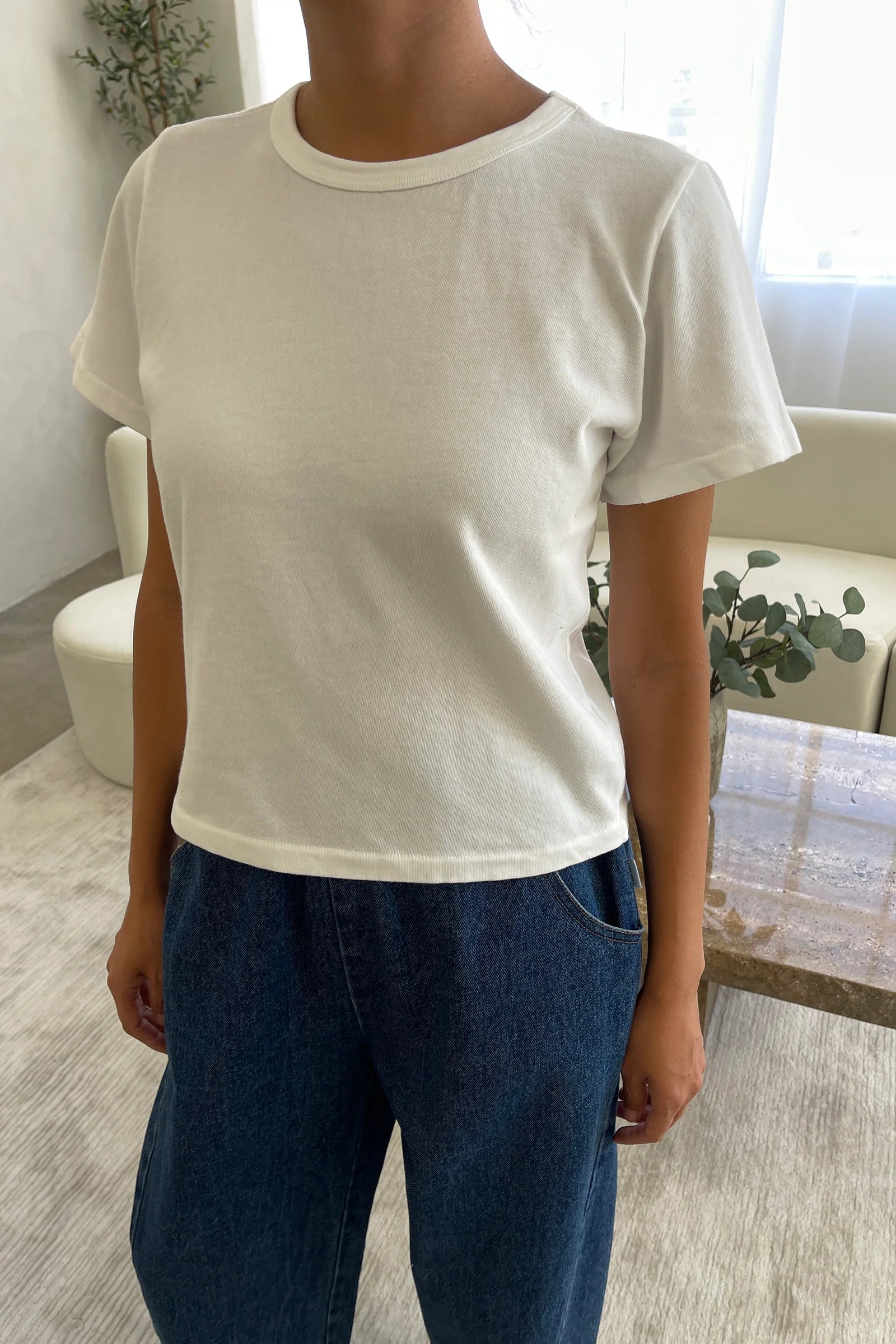 Person wearing a white t-shirt and blue jeans in a room with a couch and plant.
