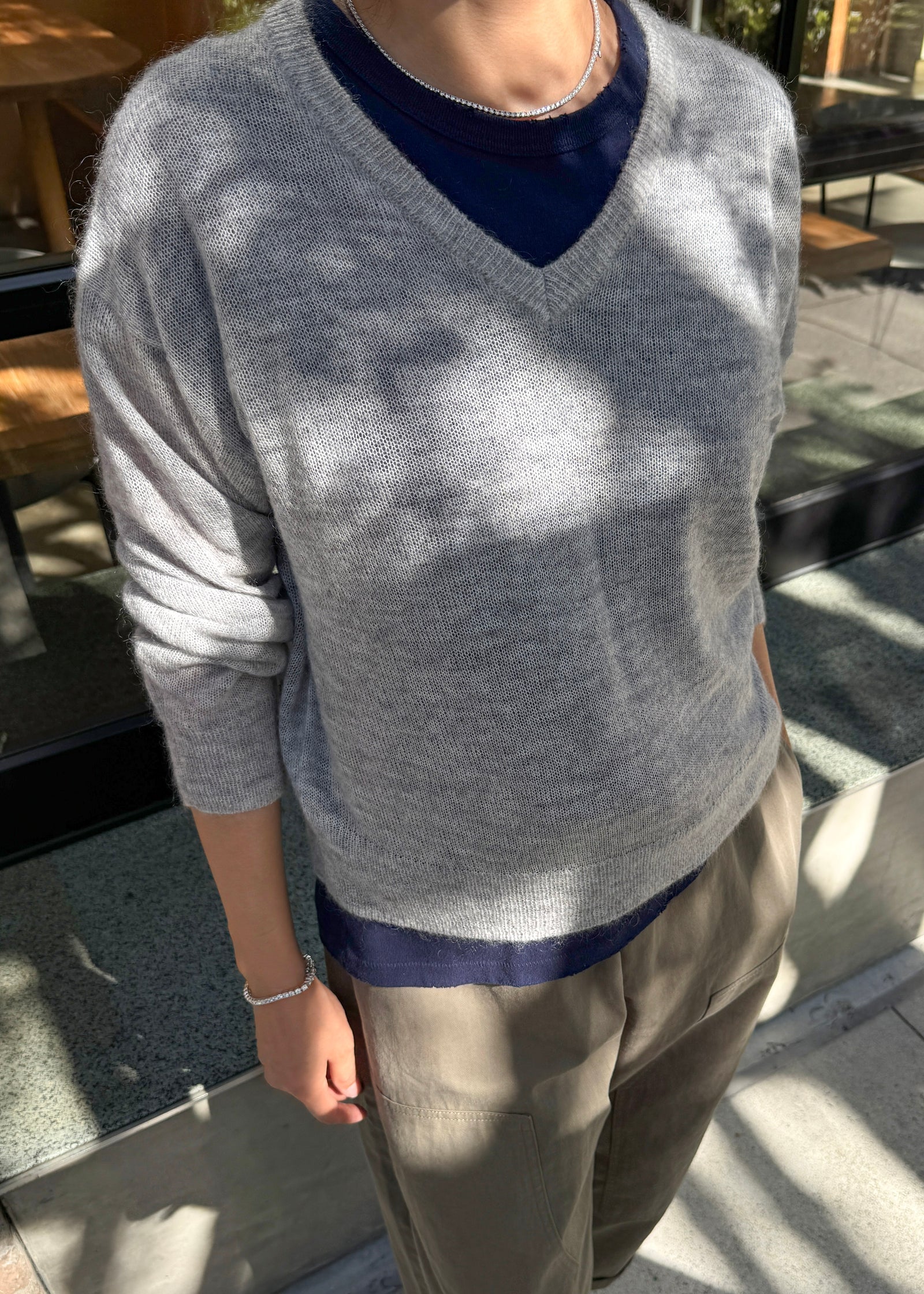 Matthew V-Neck Mohair Sweater - Ice Grey