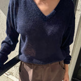 Matthew V-Neck Mohair Sweater - Navy
