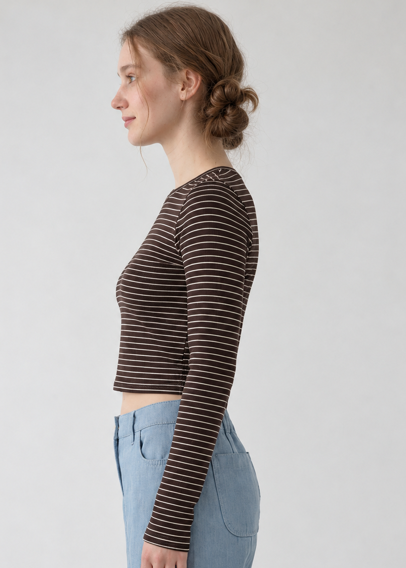 Striped Cotton Crop L/S Tee - Brown / Ivory