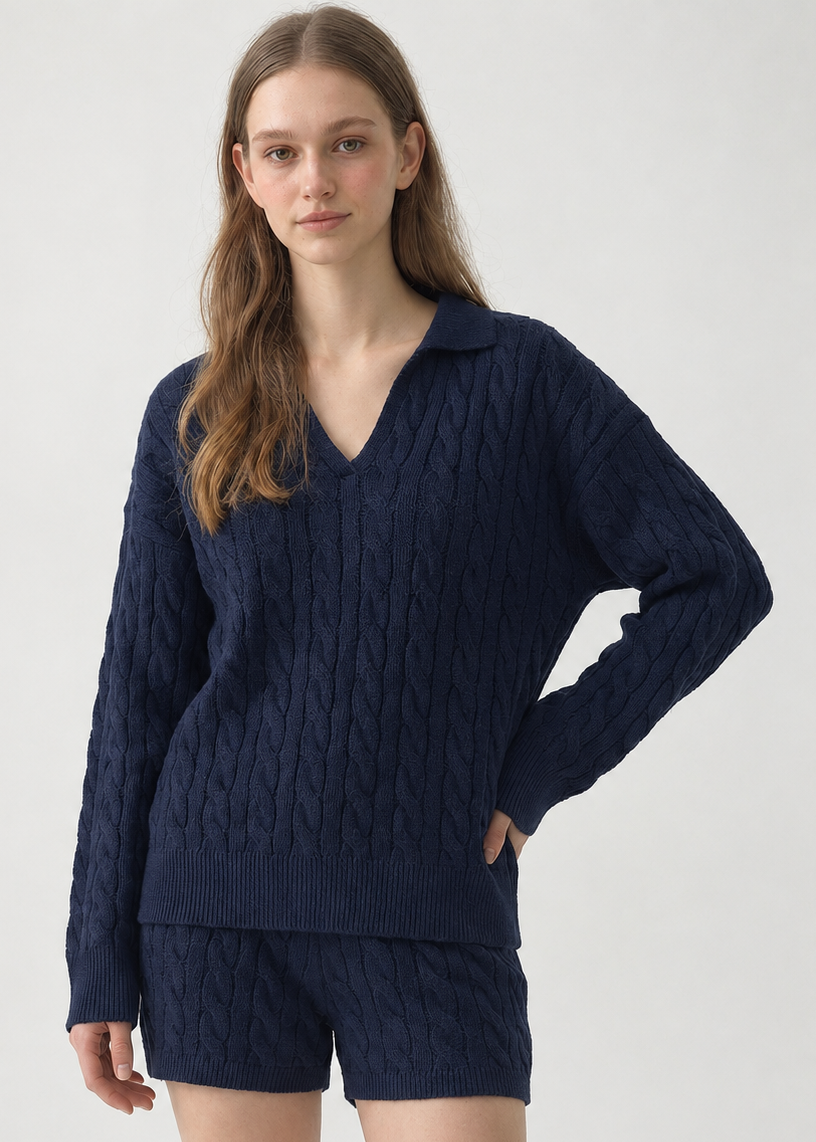 Cable Knit V-Neck Sweater - Navy