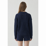 Cable Knit V-Neck Sweater - Navy