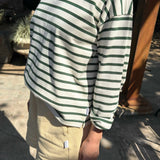 Person wearing a green and white striped shirt and beige shorts outdoors.