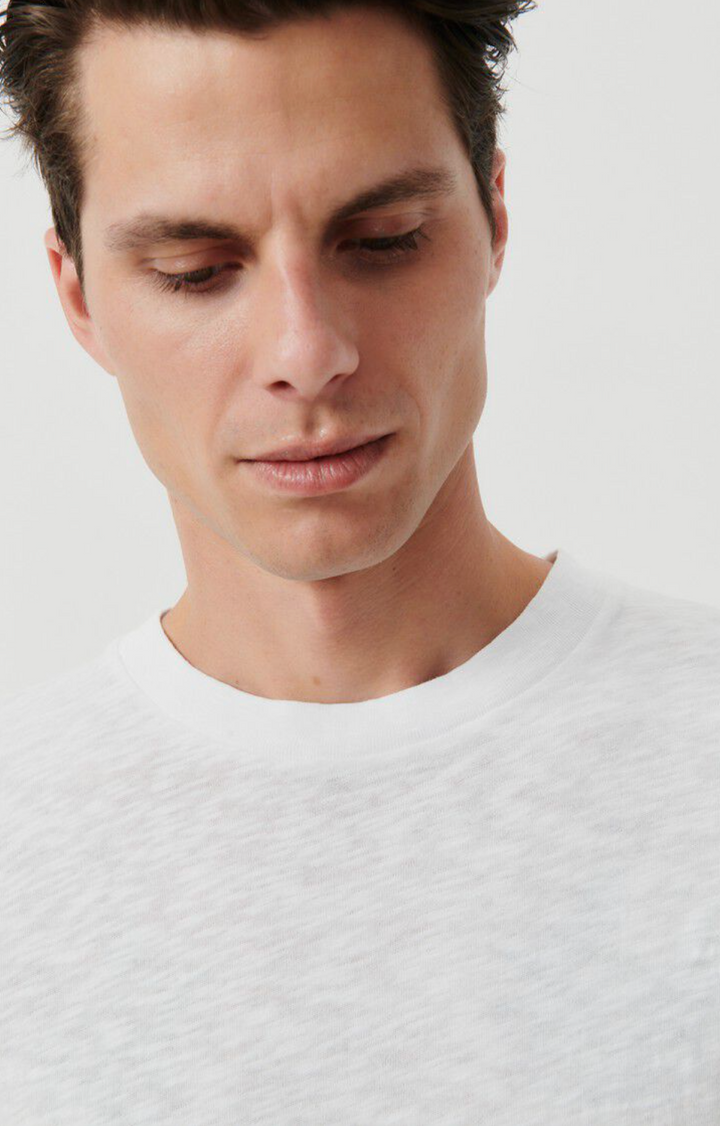 A close up neckline detail image of the Bysapick T-Shirt in white on a male model