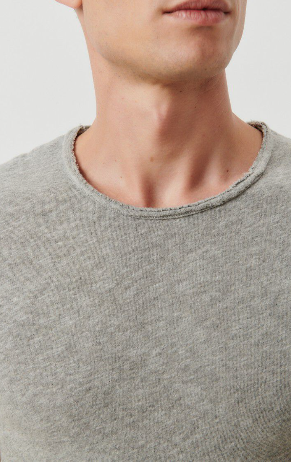 A close up neckline detail image of a male wearing the sonoma tee shirt in grey