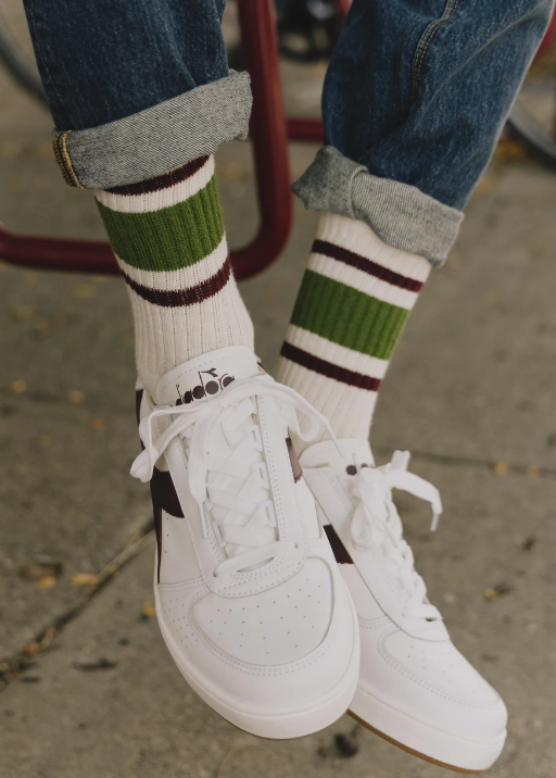 Retro Stripe Crew Socks - Chive / Berry