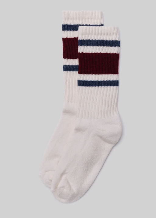 Retro Stripe Crew Socks - Red Heather / Denim