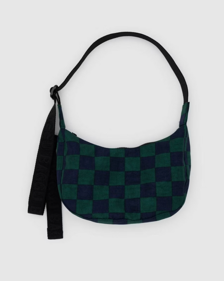 Small Nylon Crescent Bag - Navy + Green Check