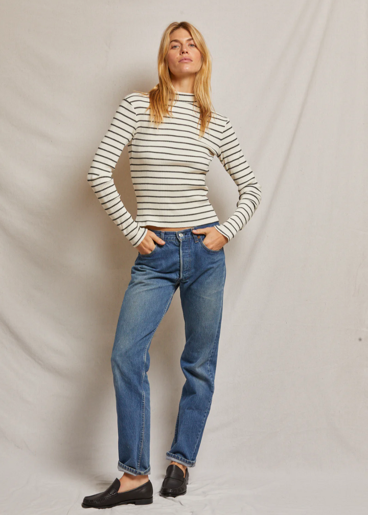 Lauryn Mock Neck Long Sleeve Tee - Sugar / Black Stripe