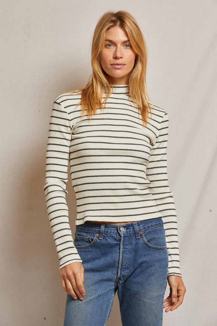 Lauryn Mock Neck Long Sleeve Tee - Sugar / Black Stripe