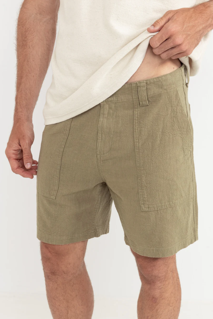 Worn Path Textured Linen Shorts - Olive