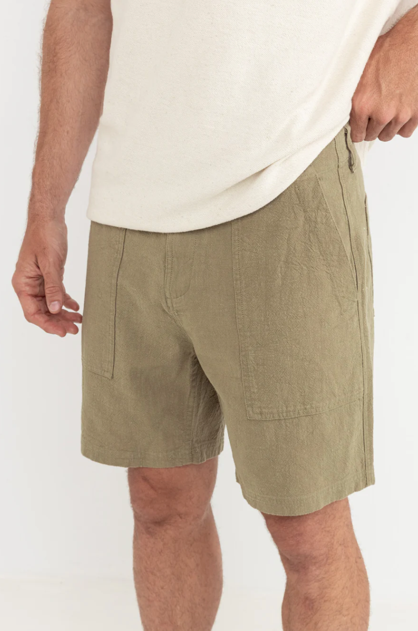 Worn Path Textured Linen Shorts - Olive