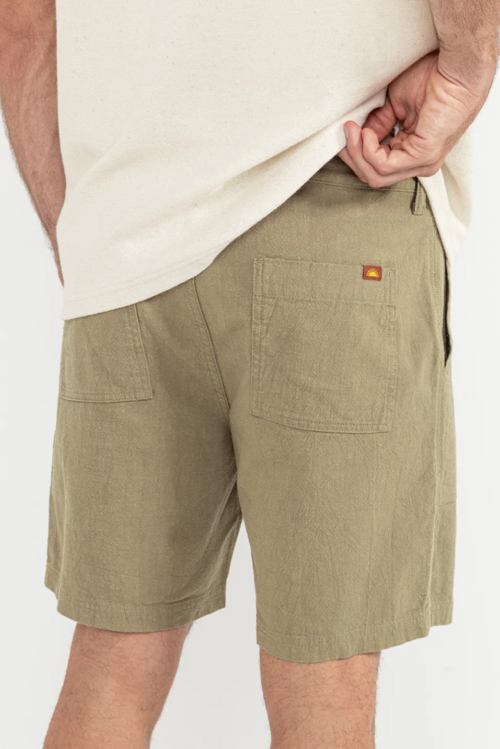 Worn Path Textured Linen Shorts - Olive