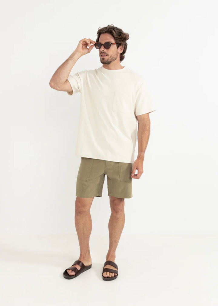 Worn Path Textured Linen Shorts - Olive