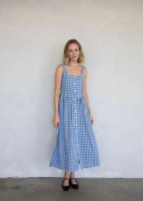 Gingham Button Down Dress - Blue