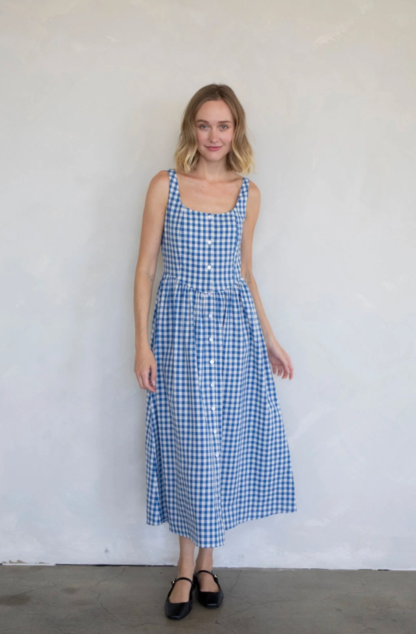 Gingham Button Down Dress - Blue