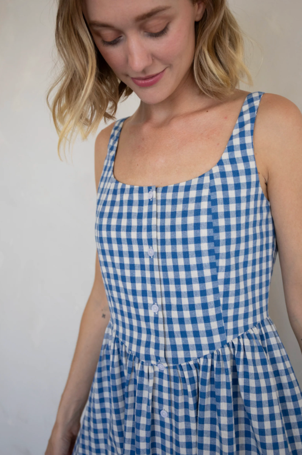 Gingham Button Down Dress - Blue