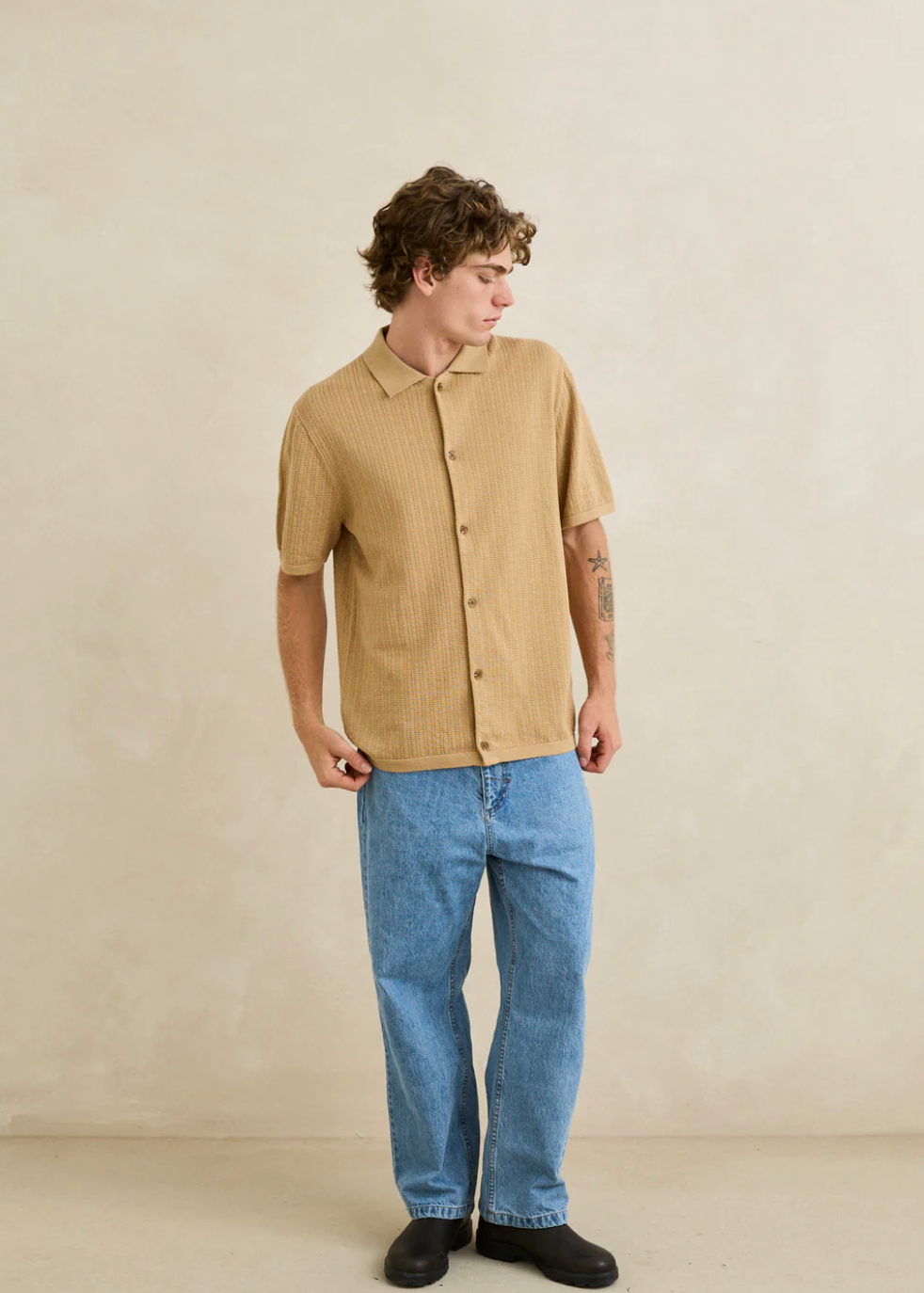Textured Knit SS Shirt - Sand