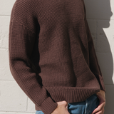 Cable Knit Crew Neck Sweater - Brown