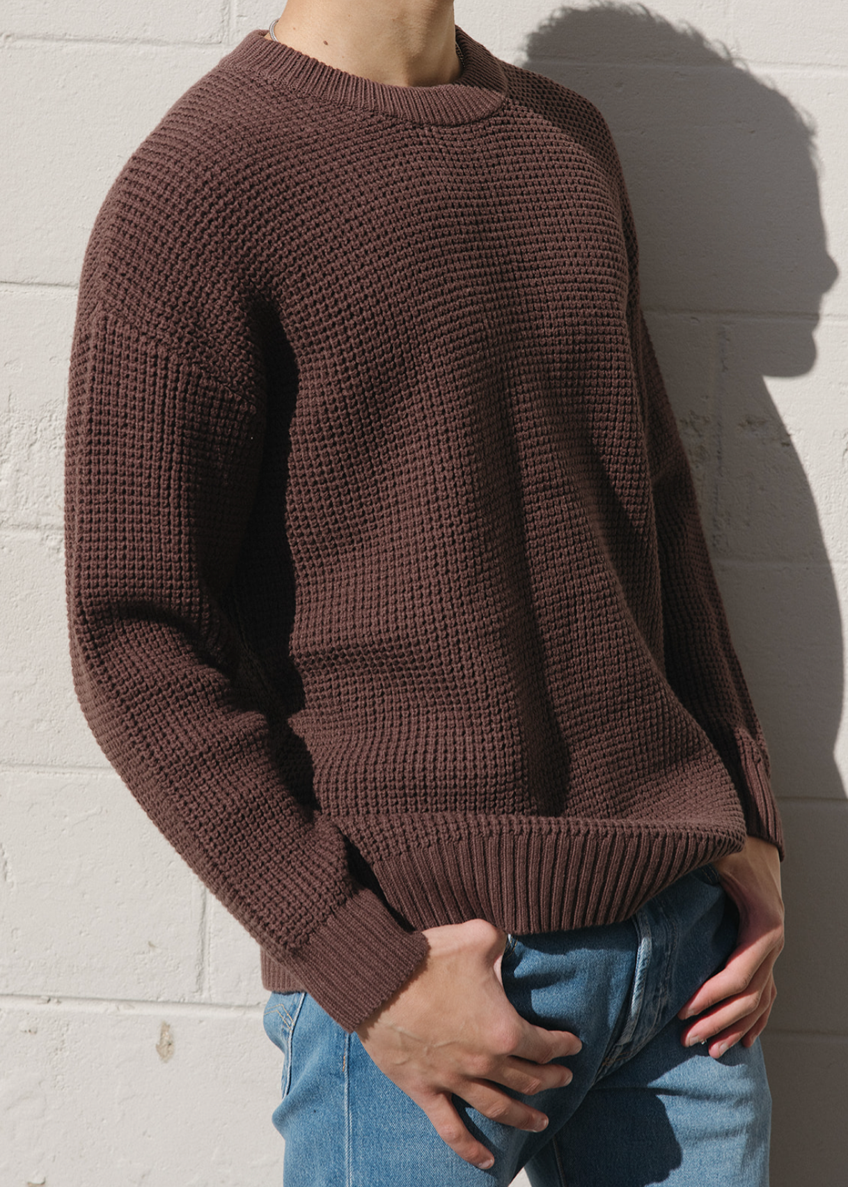 Cable Knit Crew Neck Sweater - Brown