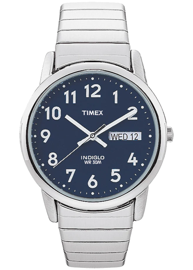 Timex watch with blue dial and silver band on a white background