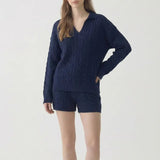 Cable Knit V-Neck Sweater - Navy