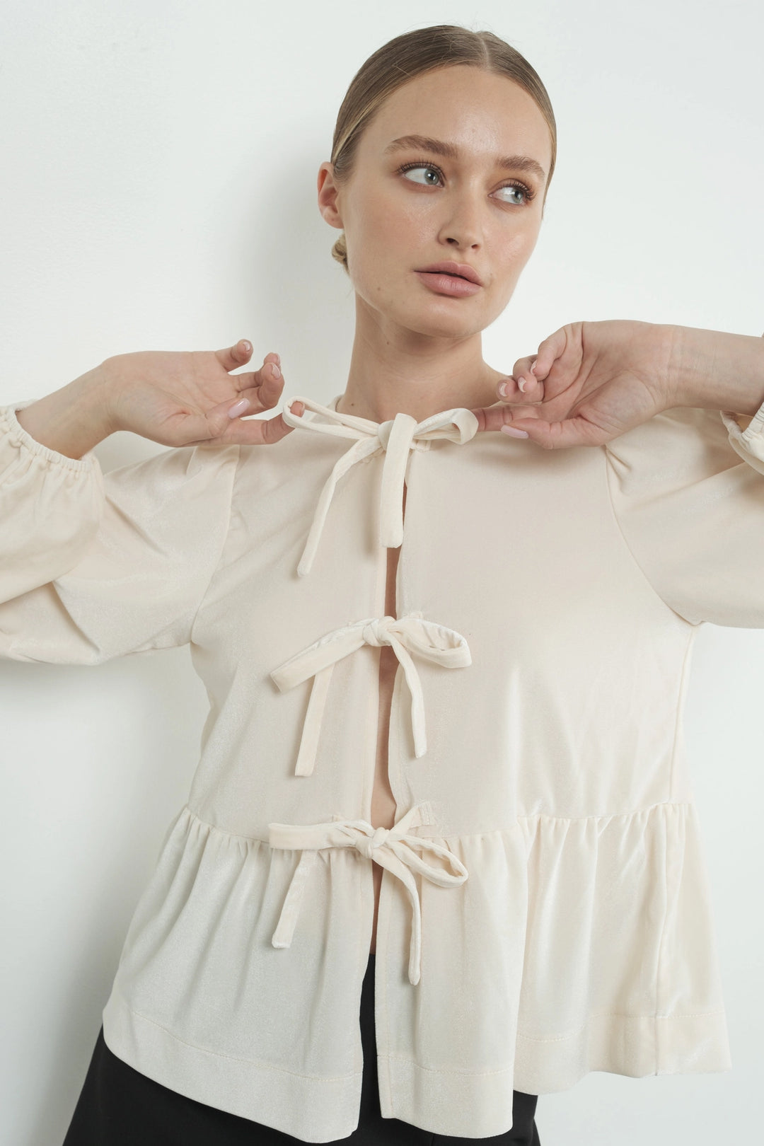 Velvet Bow Tie Peplum Blouse - Cream