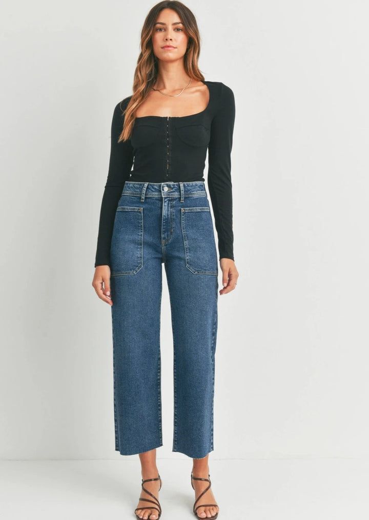 High Rise Utility Wide Leg Jeans - Dark Denim