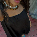 By Orly Jumbo Tigers Eye Necklace worn with layered necklaces