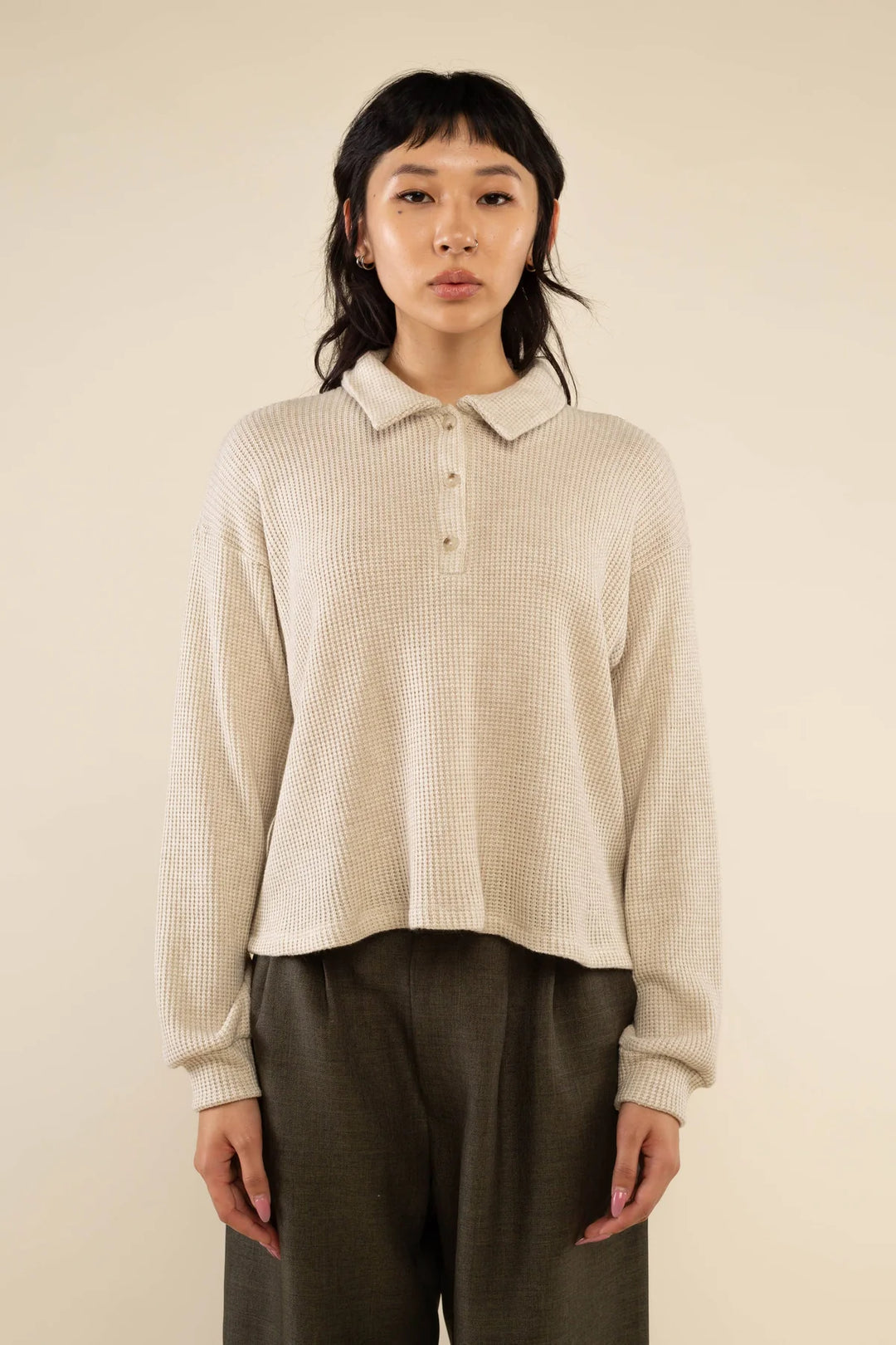 Fawn Waffle Polo Long Sleeve Top - Oatmeal