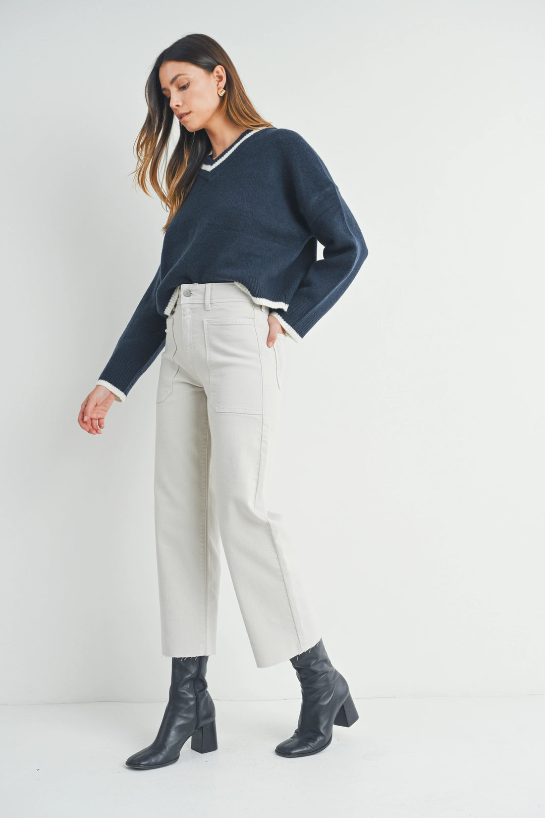 High Rise Utility Wide Leg Jeans - Sea Salt