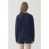 Cable Knit V-Neck Sweater - Navy