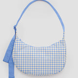 Medium Nylon Crescent Bag - Light Blue Gingham
