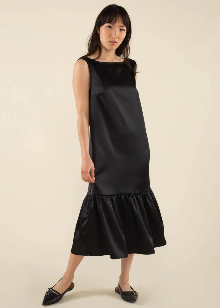 Effie Boatneck Satin Dress - Black