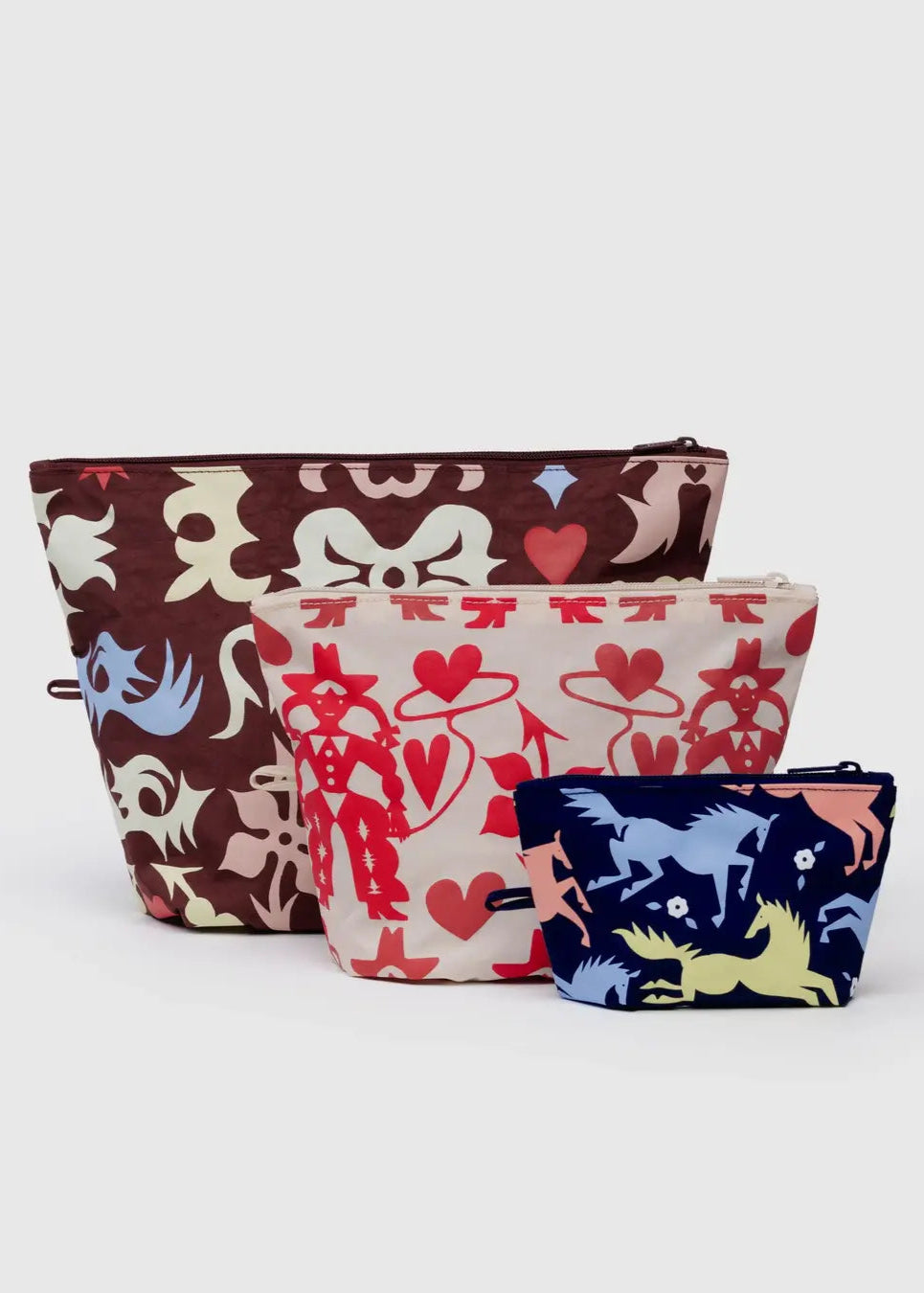 Three colorful pouches with different patterns on a white background