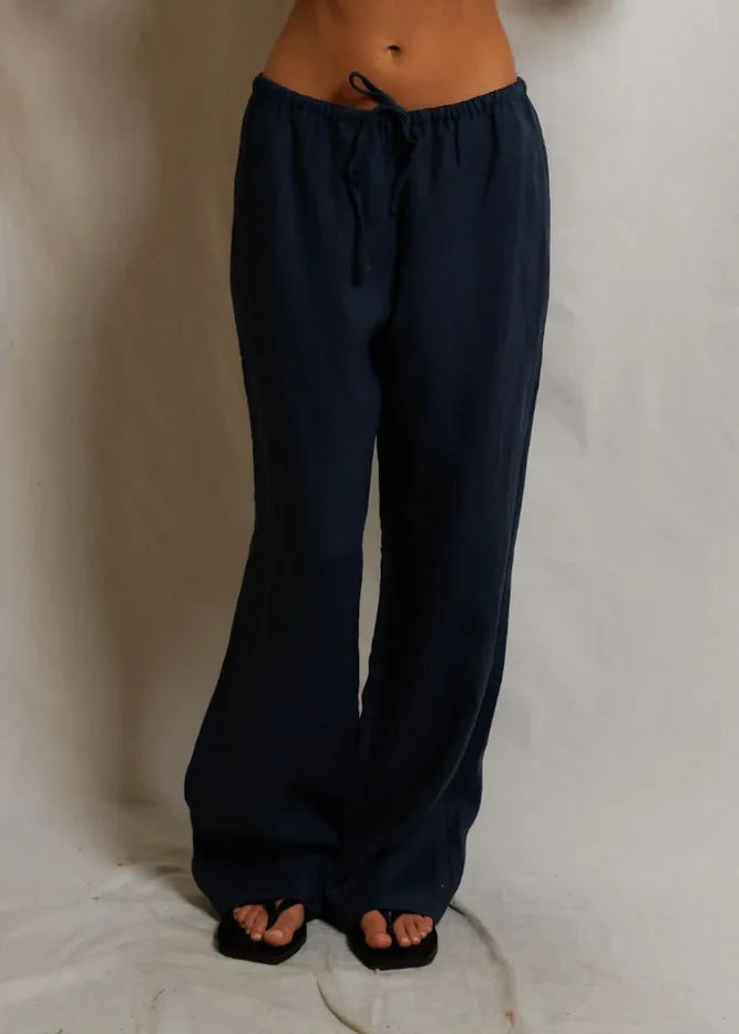 Lorana Linen Drawstring Pant - Navy