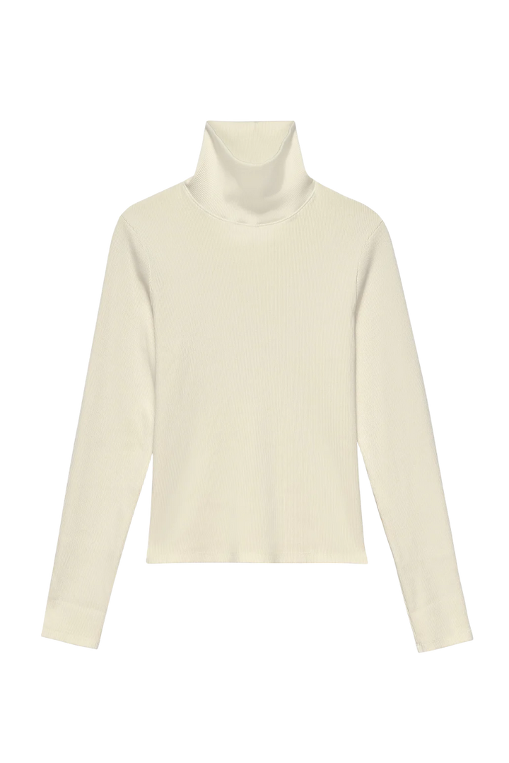 A flat lay image of the front of the Rib Turtleneck on Creme