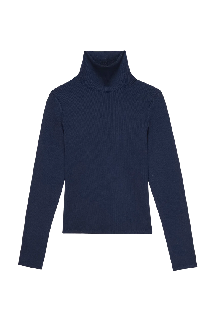 A flat lay image of the front of the Rib Turtleneck in navy